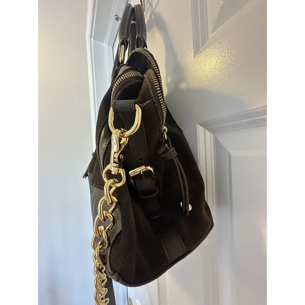 AUDREY BROOKE Brown Suede & Leather Crossbody Satchel Handbag W/ Chain Strap - Picture 13 of 16